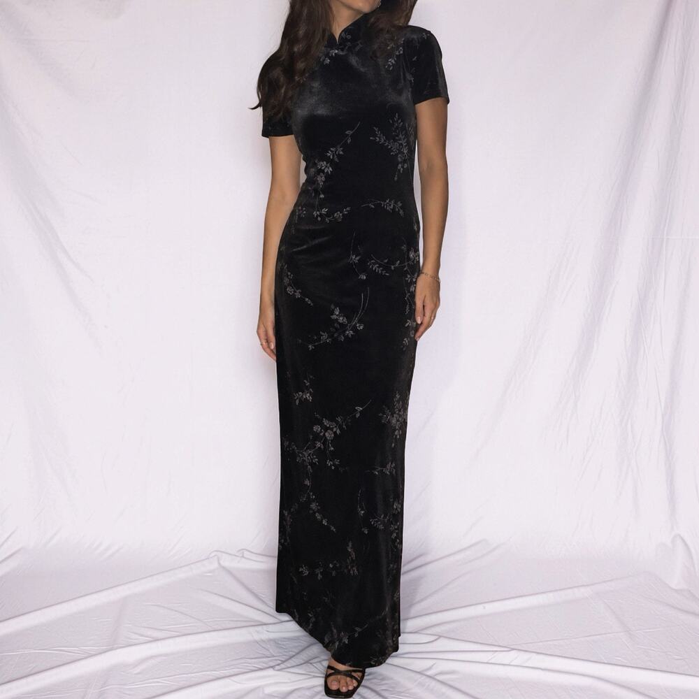 Vintage 90s DJ & Co Black Velvet Floral Glitter Maxi Dress Size 3/4